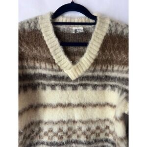 VINTAGE ICESHEEP Iceland Wool‎ Blend V-Neck Sweater Brown Cream Fair Isle Knit